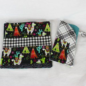 Llama Black & Green Print Zippered Pouch and Sunglass Case-Matching Set-Handmade